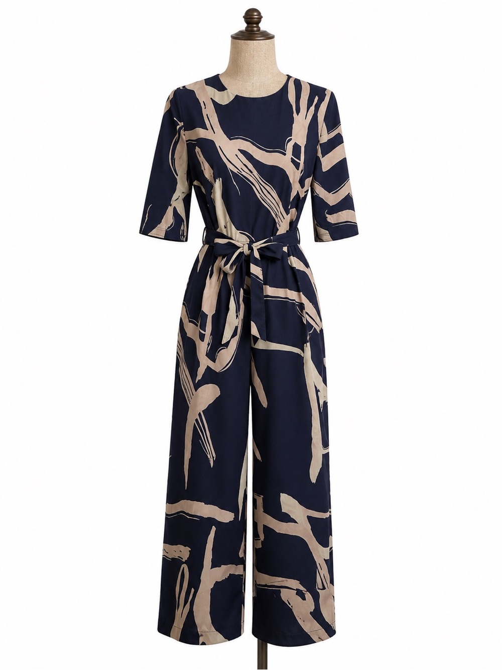 Navy & Beige Abstract Print Tie-Waist Wide-Leg Jumpsuit